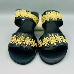 Black Leather Sandals with Gold Embroidery